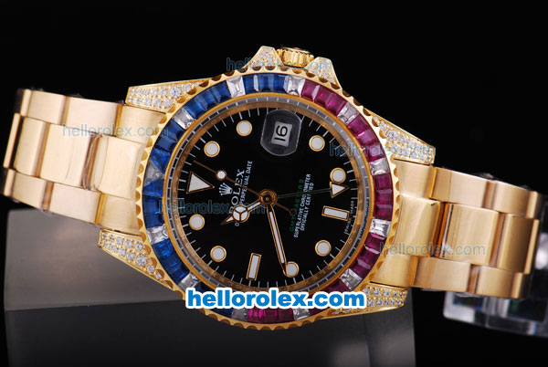 Rolex GMT-Master II Automatic Movement Full Rose Gold Case/Strap with Diamond Bezel and Black Dial-New Version - Click Image to Close